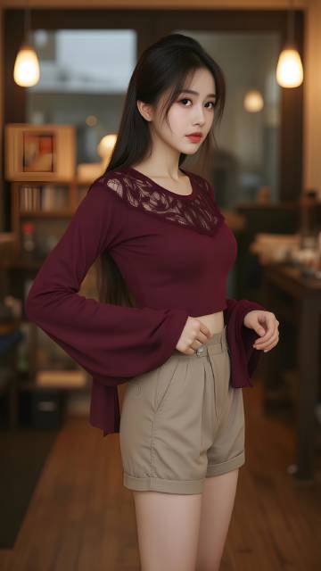 穿着酒红色蕾丝上衣卡其色短裤的年轻女孩