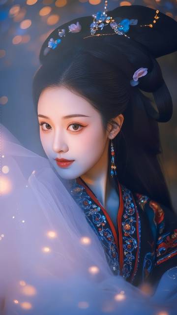 穿精美刺绣的深色古装精致美女