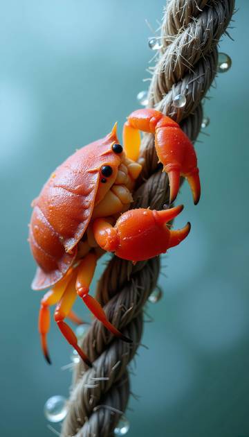 爬在绳上的橙色螃蟹图片