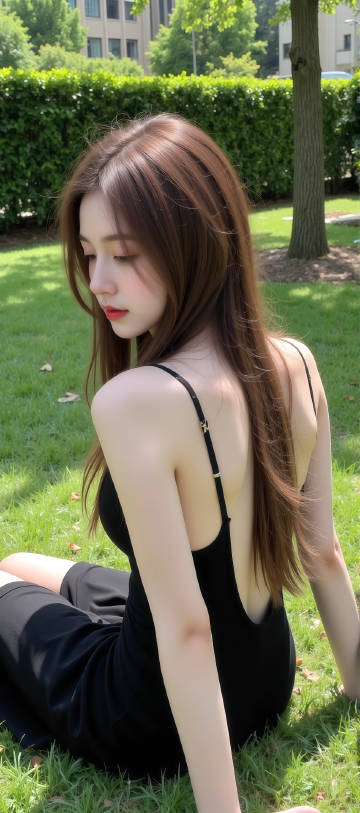 穿着黑色吊带露背连衣裙的时尚小姐姐