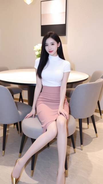 坐在餐桌前的大长腿长发美女