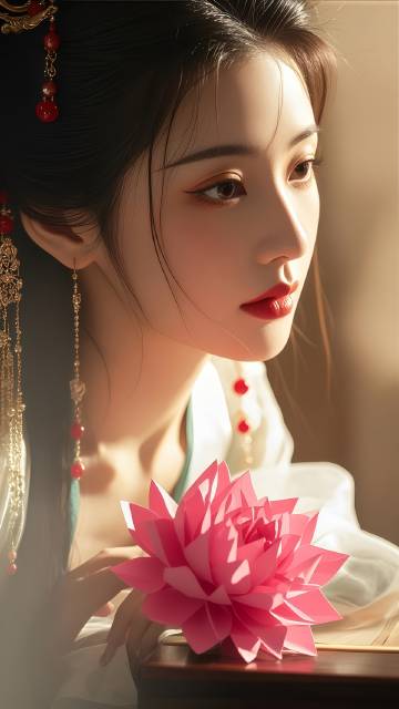 佩戴华丽金饰与红色珠串耳饰的古风美女