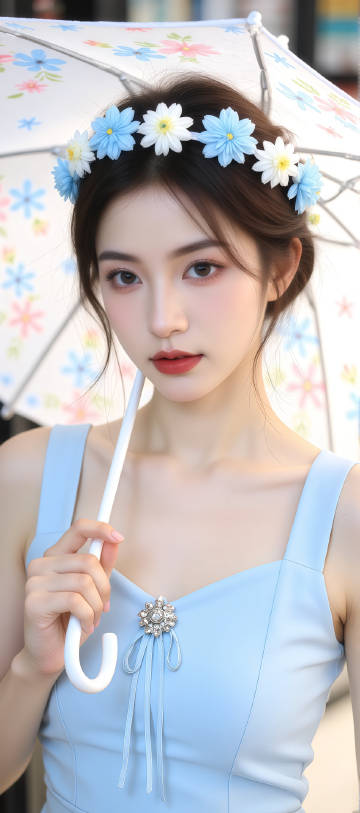 穿浅蓝色吊带裙手持白色雨伞的清新甜美美女