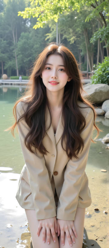 穿着卡其色西装外套的长发小姐姐