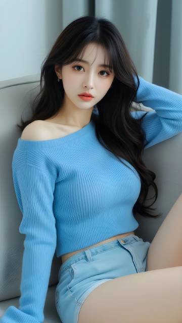 穿浅蓝色露肩针织上衣和牛仔短裤的美女