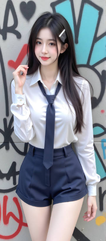 穿白色长袖衬衫短裤的青春活力小姐姐