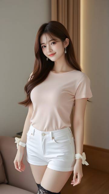 穿浅粉色短袖上衣和白色牛仔短裤的青春甜美小姐姐
