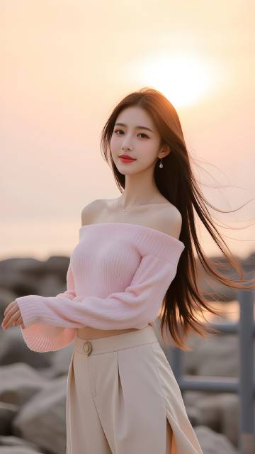 穿着粉色露肩针织上衣长发飘飘的美女