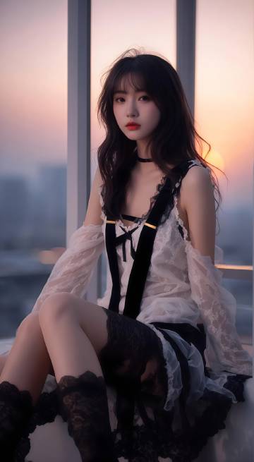 坐在窗边穿黑色蕾丝袜的美女