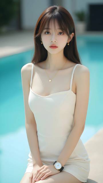 穿白色吊带连衣裙戴金色项链的清新小姐姐