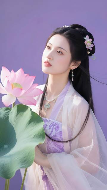 古典优雅手捧荷花的美女