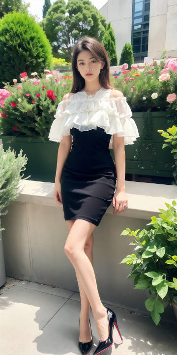 穿黑白连衣裙的高跟鞋长腿美女