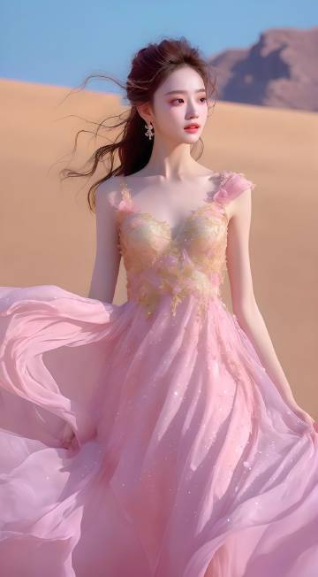 沙漠上一袭粉色吊带长裙的美女