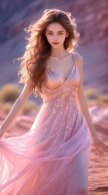 一袭粉色吊带长裙的优雅美女