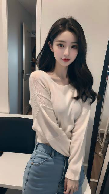 穿米白色针织衫和浅蓝色牛仔裤的美女