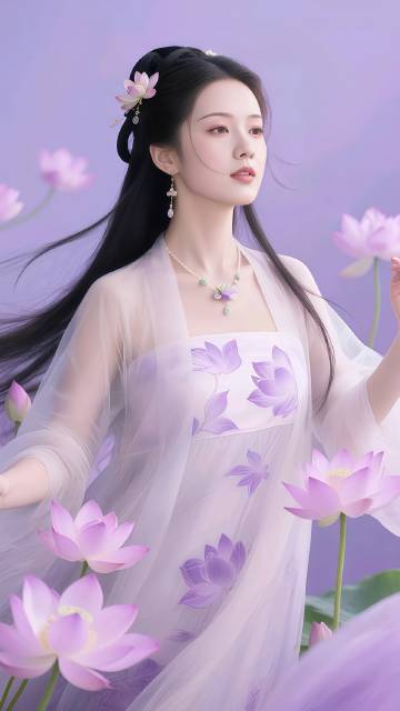 穿淡紫色古风长裙透明纱衣的美女