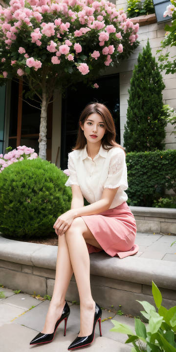 穿白色蕾丝短袖衬衫的长腿美女