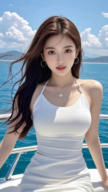 坐游艇出海的清新优雅美女