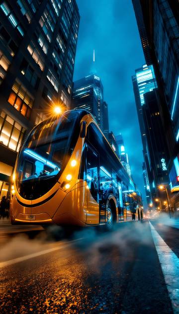 高楼林立都市夜景下的现代公交车