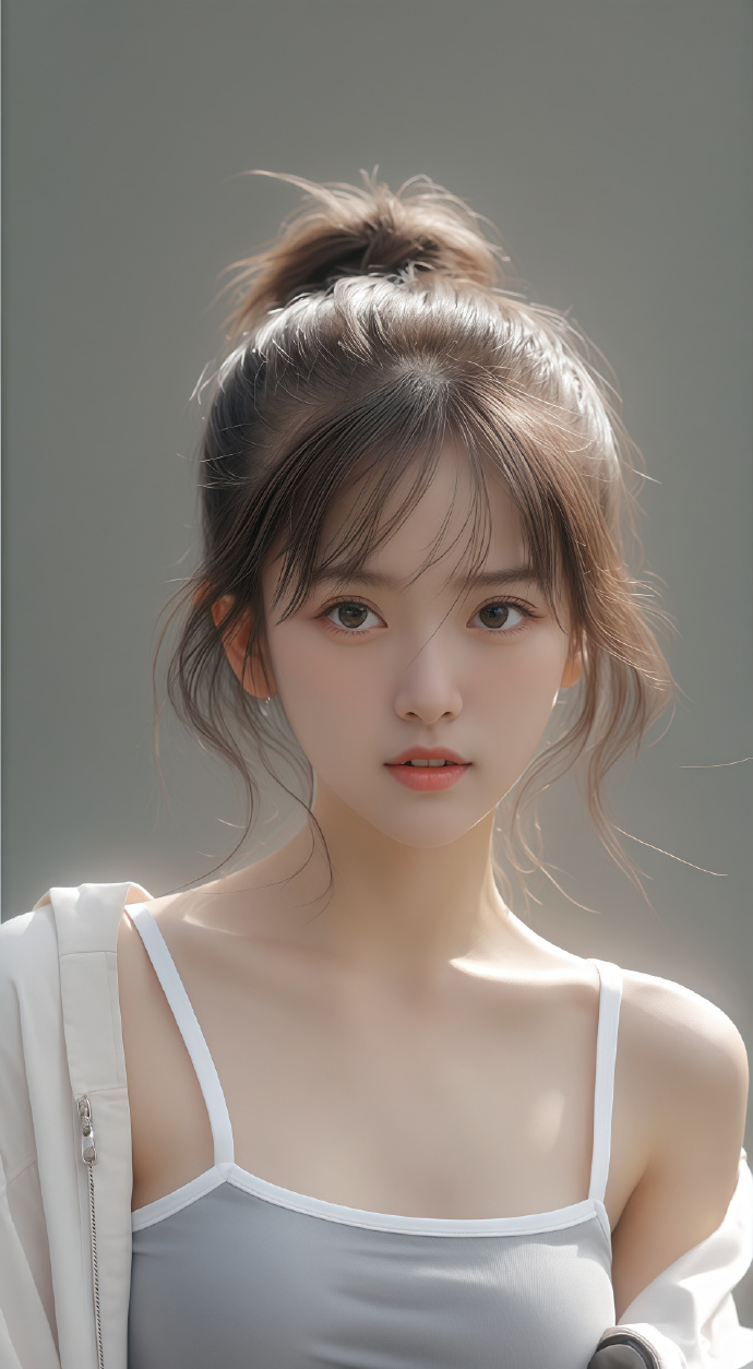 高马尾灰色吊带清纯美少女