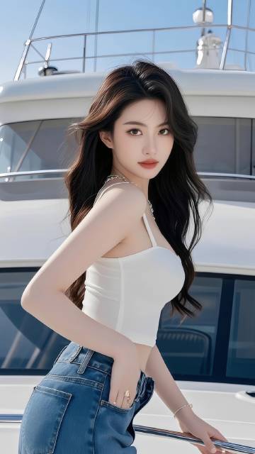 穿白色吊带蓝色牛仔裤的气质美女