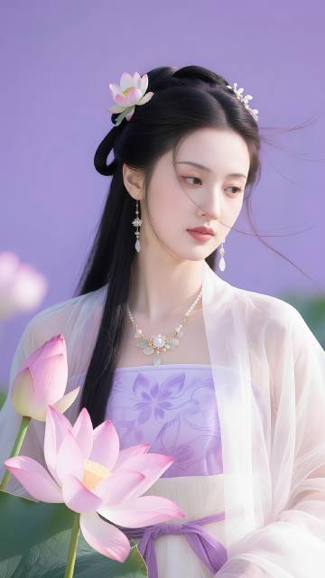 古典优雅手持荷花的美女