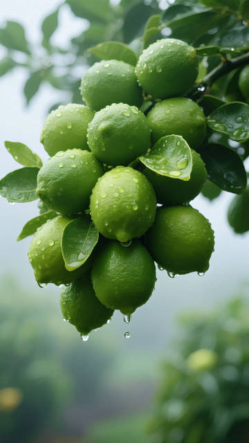 一大串带有水珠的柠檬