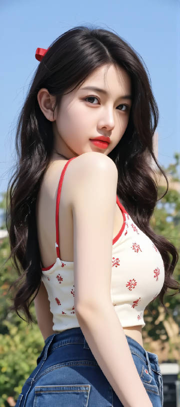 穿碎花吊带和牛仔裤的小姐姐