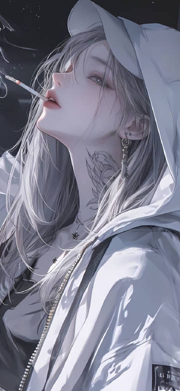 戴帽子抽烟的酷酷动漫女孩