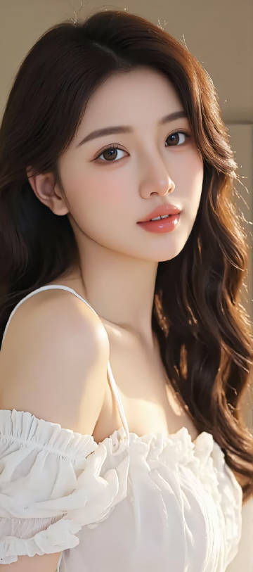 穿白色露肩裙的长发美女