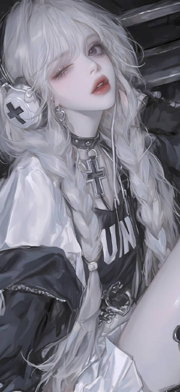 戴耳机的酷飒白发小姐姐