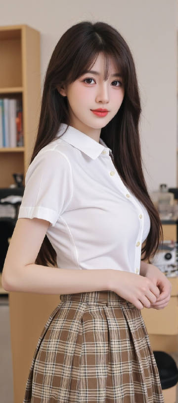 穿白衬衫格子裙的长发美女