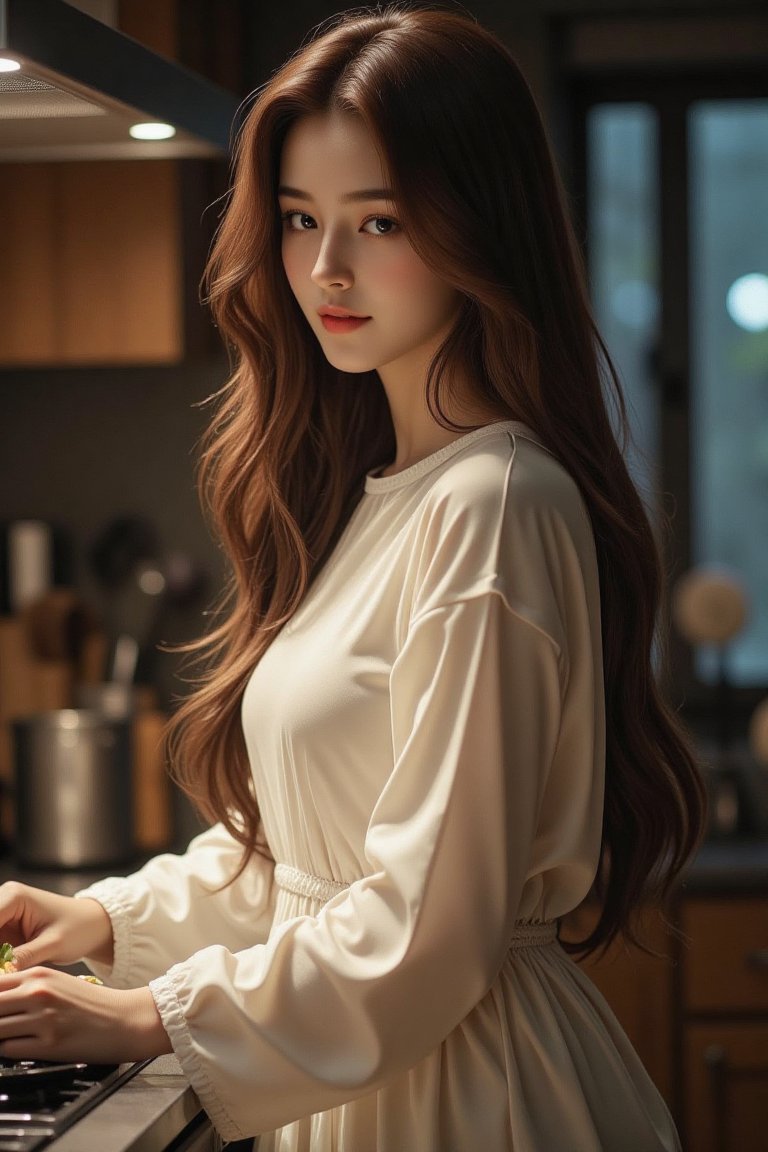 做饭的长发美女图片