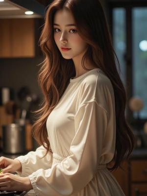 做饭的长发美女图片