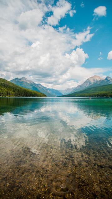 山脉下平静清澈的湖水风光风景手机壁纸