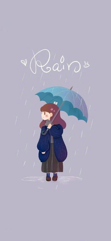 可爱下雨天的小女孩插画手机壁纸