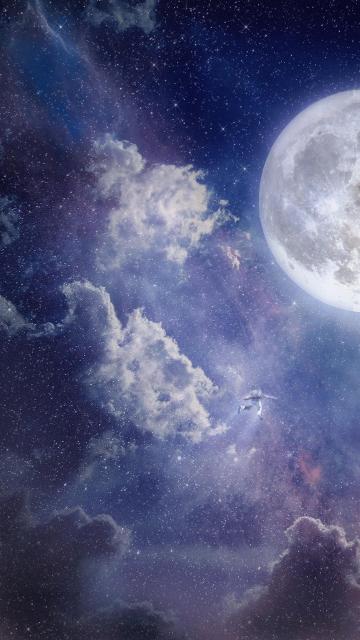 飞向月球的太空人奇幻星空手绘手机壁纸