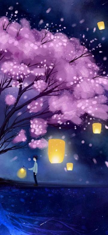 樱花树下的提灯少年手机壁纸
