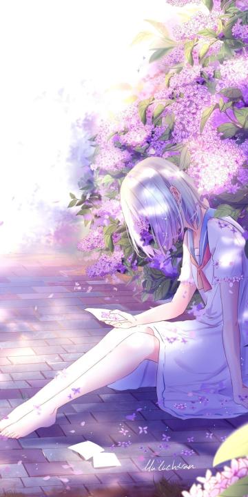 坐在花丛下的动漫美少女手机壁纸