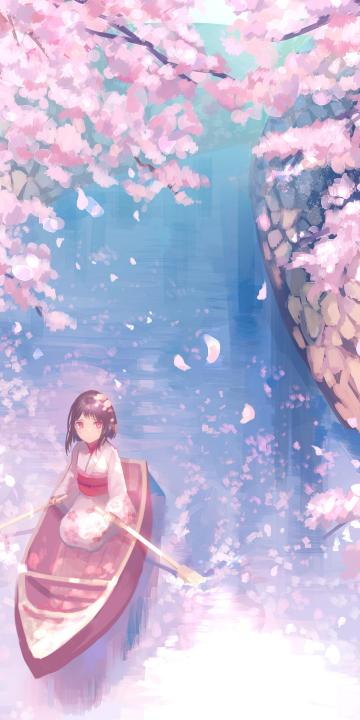 樱花树下划船的少女手机壁纸