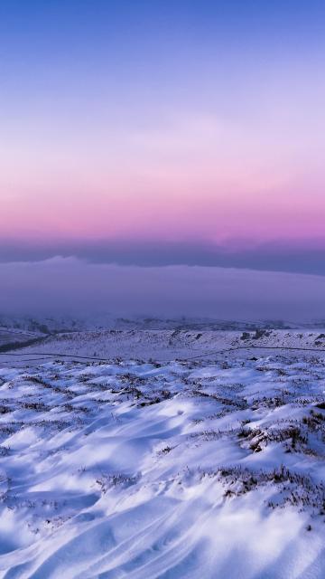 冬天日落下的紫色雪地手机壁纸