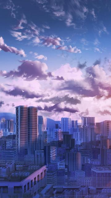 日系城市风景手绘插画手机壁纸
