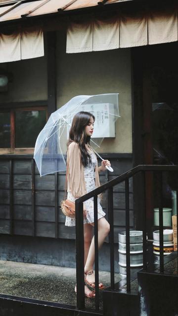 下雨天打伞的她手机壁纸