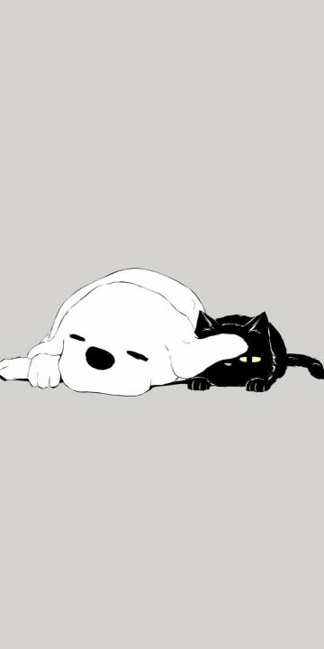 黑猫与白狗的可爱插画手机壁纸