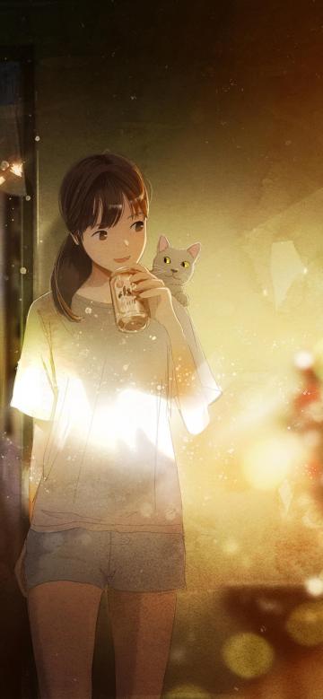 小女孩和她肩上的猫手机壁纸