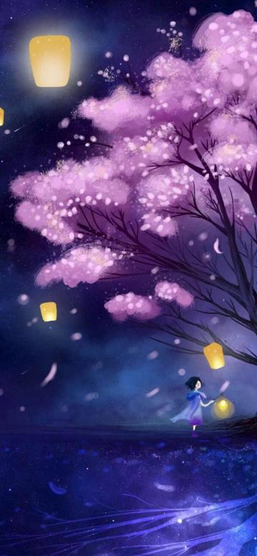 樱花树下的提灯少女手机壁纸