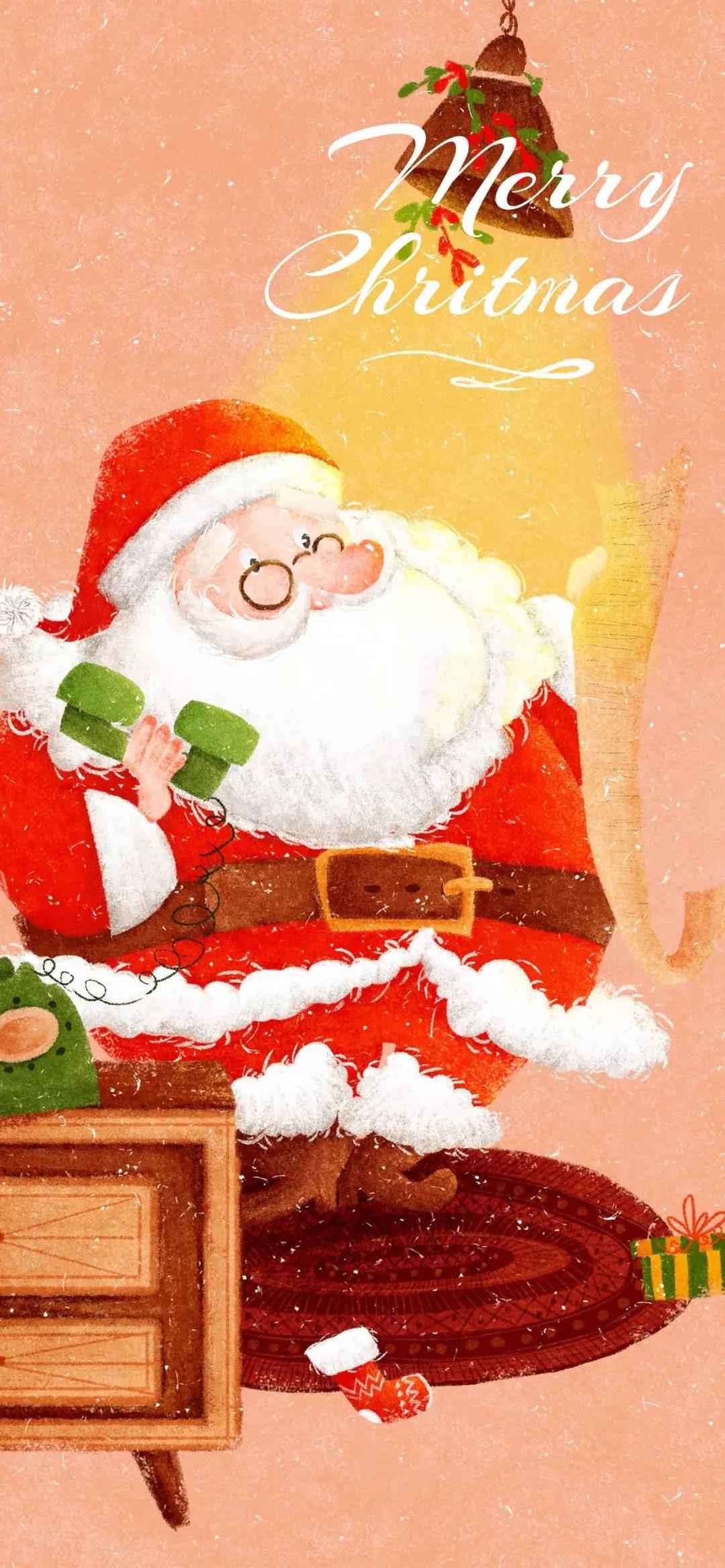 圣诞老人打电话白胡子红色圣诞衣服桌面壁纸图片