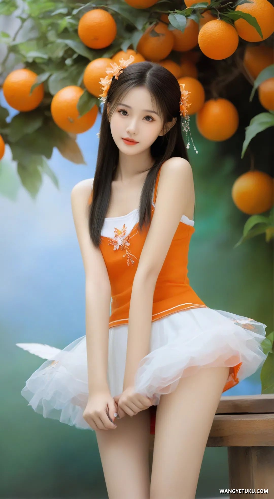 AI美女：橙色薄纱短裙，身材极好，白嫩修长美腿