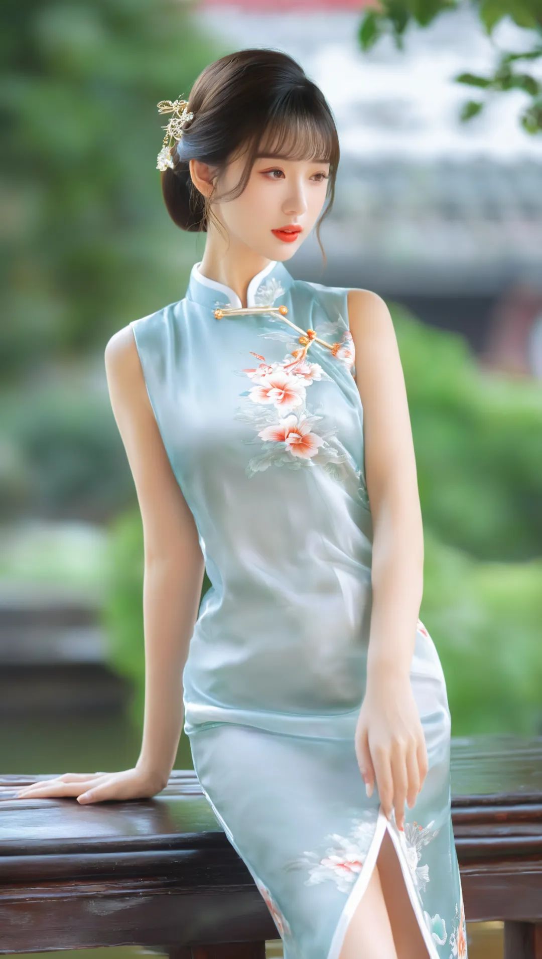AI绘画的江南风天蓝色旗袍美女